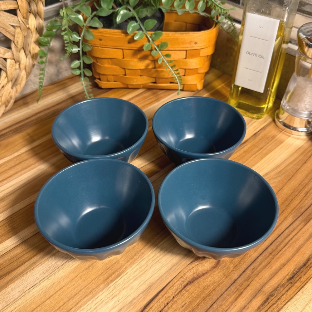 Potter's Corner Teal Blue Fluted Stoneware Small Bowls Set of 4 Matte Finish